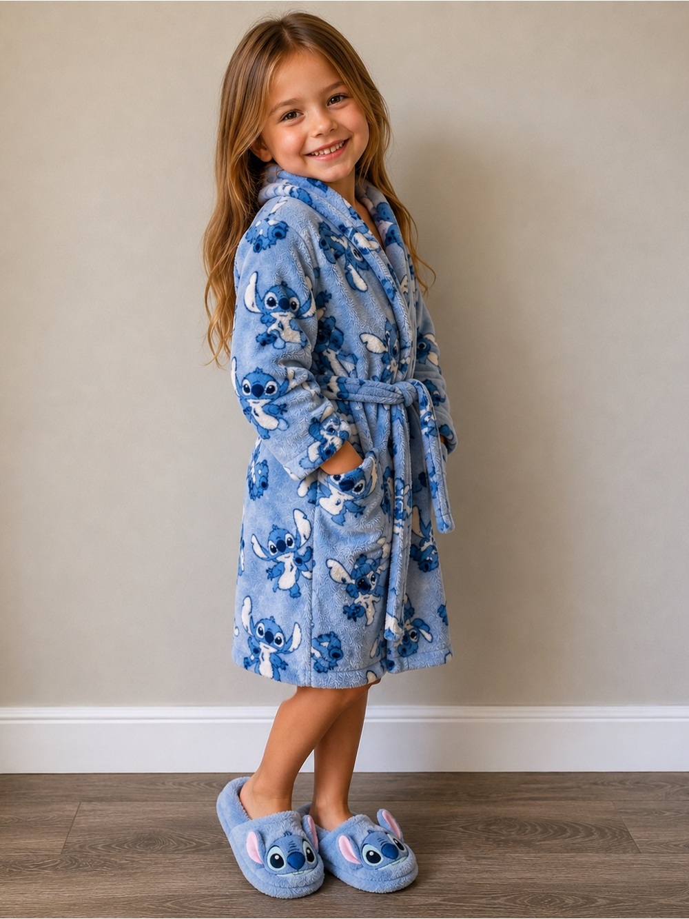 Disney Light Blue Plush Kids Robe with Stitch Pattern